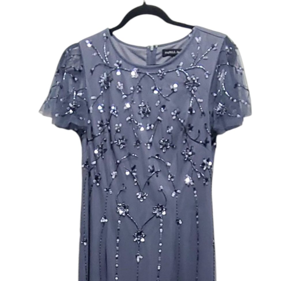 Adrianna Papell Women's Formal Dress Size 6 Dusty‎ Blue Beaded Short Sleeve Gown - Picture 8 of 17